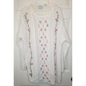 Vintage Hand Knit Floral Cable Stitch Knit Sweater Long Sleeve Size:XL Cottage